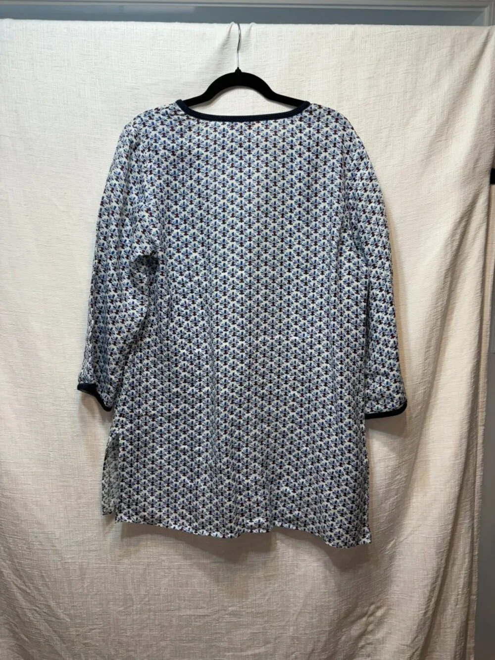 Tory Burch Blue Floral Geometric Print Split Neck Tunic Blouse Large
